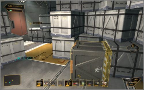 Obiekt (3 na mapie) znajdziesz w małym pomieszczeniu z odsuwanymi drzwiami i aby dostać się do niego, musisz uporać się ze skrzynkami - Wkalkulowane straty | Questy poboczne | Deus Ex Bunt Ludzkości - Deus Ex: Bunt Ludzkości - Directors Cut - poradnik do gry