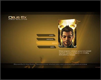 Wyboru poziomu trudności standardowo dokonuje się przed rozpoczęciem gry (powyższy screen), ale możesz go później w dowolnej chwili zmienić - Wybór poziomu trudności | Deus Ex Bunt Ludzkości - Deus Ex: Bunt Ludzkości - Directors Cut - poradnik do gry