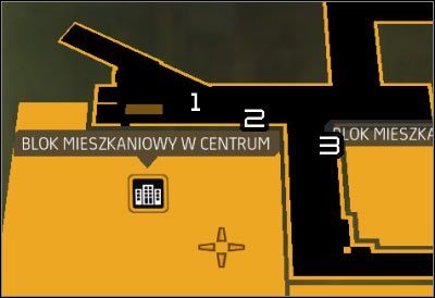 Oznaczenia na mapie: 1 - Zamknięta bramka; 2 - Uszkodzona klatka schodowa; 3 - Klatka schodowa sąsiedniego budynku - Płaszcz i szpada (01-03) | Deus Ex Bunt Ludzkości - Deus Ex: Bunt Ludzkości - Directors Cut - poradnik do gry