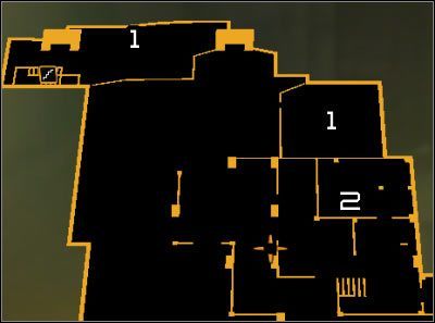 Oznaczenia na mapie: 1 - Wyjścia z kanałów; 2 - Składzik broni - Płaszcz i szpada (07-13) | Deus Ex Bunt Ludzkości - Deus Ex: Bunt Ludzkości - Directors Cut - poradnik do gry