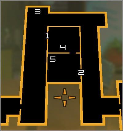 Oznaczenia na mapie: 1 - Wejście do pomieszczenia z zaworem - (2) Uratowanie pracownika TYM - Poszukiwanie dowodu - Deus Ex Bunt Ludzkości - poradnik akt II - Hengsha