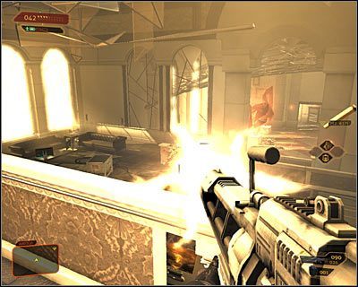 Nie radzę czekać aż przeciwnicy przyjdą do Ciebie, gdyż po ostrzelaniu ich i tym samym odsłonięciu swojej pozycji (powyższy screen) mógłbyś zostać przez nich w łatwy sposób otoczony - (4) wariant agresywny- Wydostanie się z apartamentu - Wejście do smoczego legowiska - Deus Ex Bunt Ludzkości - poradnik akt II - Hengsha