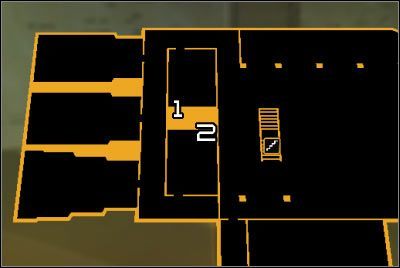 Oznaczenia na mapie: 1 - Północne wejście do szybu wentylacyjnego; 2 - Południowe wejście do szybu wentylacyjnego - (2) Wariant pokojowy- Wydostanie się z zasadzki - Twarzą w twarz z Elizą Cassan - Deus Ex Bunt Ludzkości - poradnik akt III - Kanada, Detroit 2