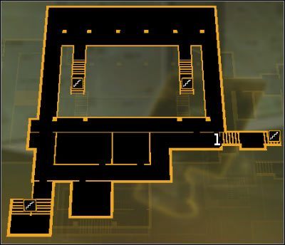 Oznaczenia na mapie: 1 - Przejście do lobby (poziom 7) - (2) Wariant pokojowy- Wydostanie się z zasadzki - Twarzą w twarz z Elizą Cassan - Deus Ex Bunt Ludzkości - poradnik akt III - Kanada, Detroit 2