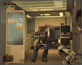 Z przeciwnikami możesz rozprawić się na dwa zasadnicze sposoby - (3) Wariant agresywny- Dotarcie do klatki schodowej na tyłach studia - Twarzą w twarz z Elizą Cassan - Deus Ex Bunt Ludzkości - poradnik akt III - Kanada, Detroit 2