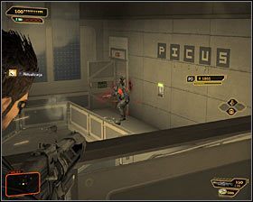 Proponuję rozstawić się teraz na górnym balkoniku #1 i w spokoju zaczekać na przybycie nowych przeciwników - (5) Wariant agresywny- Wezwanie kolejki linowej - Twarzą w twarz z Elizą Cassan - Deus Ex Bunt Ludzkości - poradnik akt III - Kanada, Detroit 2