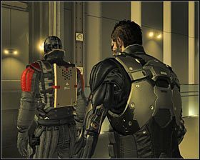 Jeżeli nie masz nic przeciwko rozwiązaniom siłowym, to możesz zdecydować się na ogłuszenie wspomnianego przeciwnika i możesz tego dokonać z odległości #1 lub w walce wręcz #2 - (6) Wariant pokojowy- Dotarcie do głównego obszaru piwnicy - Twarzą w twarz z Elizą Cassan - Deus Ex Bunt Ludzkości - poradnik akt III - Kanada, Detroit 2