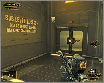 Niezależnie od obranych wcześniej metod działania musisz docelowo dotrzeć do drzwi zlokalizowanych w południowo-zachodnim narożniku poziomu 2 i oddzielających Cię od nowej klatki schodowej (powyższy screen) - (7) Wariant pokojowy- Dotarcie do klatki schodowej - Twarzą w twarz z Elizą Cassan - Deus Ex Bunt Ludzkości - poradnik akt III - Kanada, Detroit 2