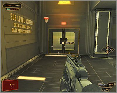 Niezależnie od obranych wcześniej metod działania musisz docelowo dotrzeć do drzwi zlokalizowanych w południowo-zachodnim narożniku poziomu 2 i oddzielających Cię od nowej klatki schodowej (powyższy screen) - (7) Wariant agresywny- Dotarcie do klatki schodowej - Twarzą w twarz z Elizą Cassan - Deus Ex Bunt Ludzkości - poradnik akt III - Kanada, Detroit 2