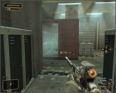 Niezależnie od wybranego wariantu zachowania musisz dotrzeć do dużego czerwonego kontenera (powyższy screen) - (7) Zejście do kanałów - W pogoni za Izajaszem Sandovalem - Deus Ex Bunt Ludzkości - poradnik akt III - Kanada, Detroit 2