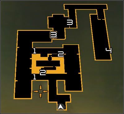 Oznaczenia na mapie: 1 - Zapory laserowe; 2 - Wejście i wyjście z niewielkiego tunelu; 3 - Wejście i wyjście z kryjówki Sandovala; 4 - Wyjście z kanałów - (8) Przeprawa przez kanały - W pogoni za Izajaszem Sandovalem - Deus Ex Bunt Ludzkości - poradnik akt III - Kanada, Detroit 2