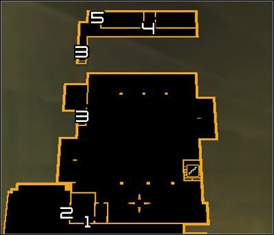 Oznaczenia na mapie: 1 - Główne wejście do magazynu; 2 - Drabinka; 3 - Schody prowadzące na tylne balkoniki; 4 - Główne wejście do biur w magazynie; 5 - Drabinka - (5) Wariant agresywny- Przedostanie się do wnętrza magazynu portowego - Rejs na gapę - Deus Ex Bunt Ludzkości - poradnik akt IV - Hengsha 2, Singapur, Panchaja, zakończenia