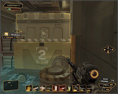 Wkrótce dotrzesz do rozwidlenia (powyższy screen) i jeżeli nie masz ulepszenia Tarcza EMP, to musisz starannie zaplanować dalsze kroki - (1) Przedostanie się do wnętrza stacji - Wyłącz sygnał Darrowa - Deus Ex Bunt Ludzkości - poradnik akt IV - Hengsha 2, Singapur, Panchaja, zakończenia