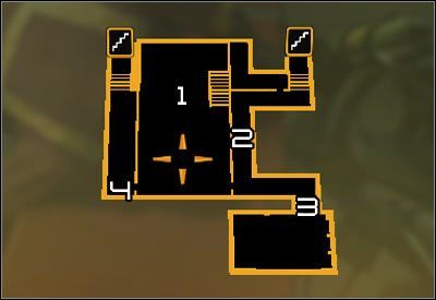 Oznaczenia na mapie: 1 - Główne pomieszczenie z oszalałymi cywilami; 2 - Zaminowany korytarz; 3 - Drzwi blokowane przez duże skrzynie; 4 - Wejście do szybu wentylacyjnego - (7) Wariant pokojowy- Dotarcie do kryjówki Dawida Sarifa - Wyłącz sygnał Darrowa - Deus Ex Bunt Ludzkości - poradnik akt IV - Hengsha 2, Singapur, Panchaja, zakończenia