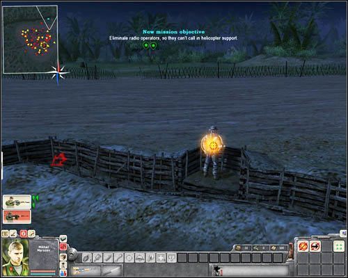 Wybierz jednego ze swoich ludzi i ustaw go w krótkim zejściu do okopu [4] - w taki sposób, jak pokazuje to poniższy obrazek - Misja 5- Happy Tet Day (1) | Wietnam | Men of War Wietnam - Men of War: Wietnam - poradnik do gry