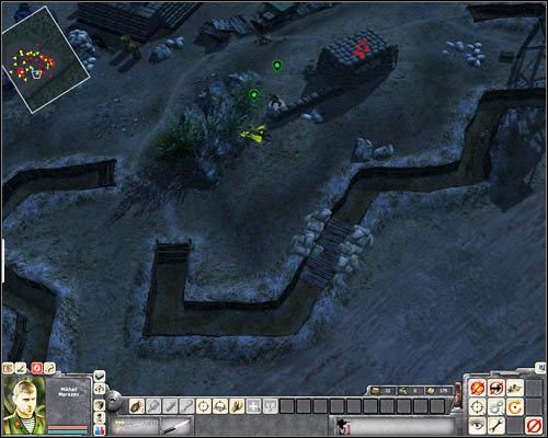 Pozbieraj noże i wyeliminuj za ich pomocą jeszcze kilku - stojącego przy budynku obok skał i tego na wieży strażniczej w [31] (poświęcisz drugi nóż), a także dwóch śpiących przy rupieciach w [32] i [33] - Misja 5- Happy Tet Day (2) | Wietnam | Men of War Wietnam - Men of War: Wietnam - poradnik do gry