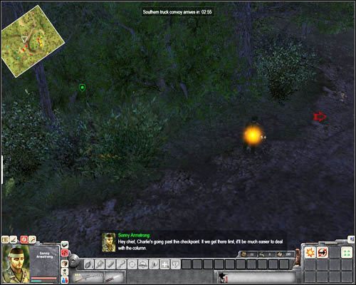 W tym samym czasie wybierz tego wojaka, który zmierza do [3] i kiedy znajdziesz się blisko przeciwnika na wzgórzu, padnij i przeczołgaj się w krzaki widoczne na poniższym obrazku (tuż obok drzewa) - Misja 3- On the Trail of Uncle Ho (1) | USA | Men of War Wietnam - Men of War: Wietnam - poradnik do gry