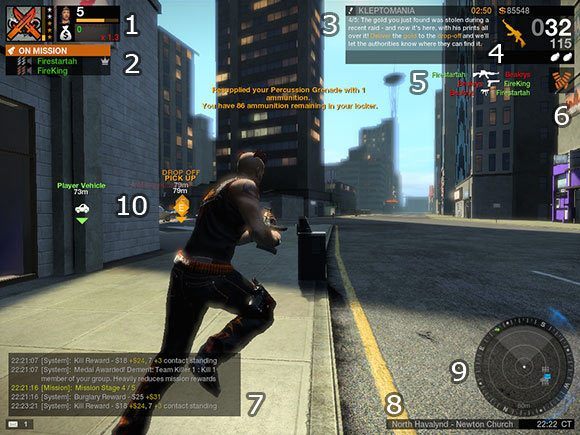 Podstawowe elementy interfejsu są całkiem przyzwoicie rozmieszczone i w minimalnym stopniu ograniczają pole widzenia - Interfejs - Podstawowe informacje - APB: Reloaded - poradnik dla początkujących