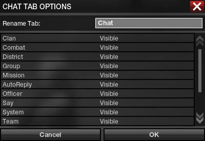 Po kliknięciu ikony kola zębatego na wybranej zakładce, będziesz mógł wybrać z jakich kanałów wiadomości mają być w tej zakładce wyświetlane - Najważniejsze okna interfejsu - Podstawowe informacje - APB: Reloaded - poradnik dla początkujących