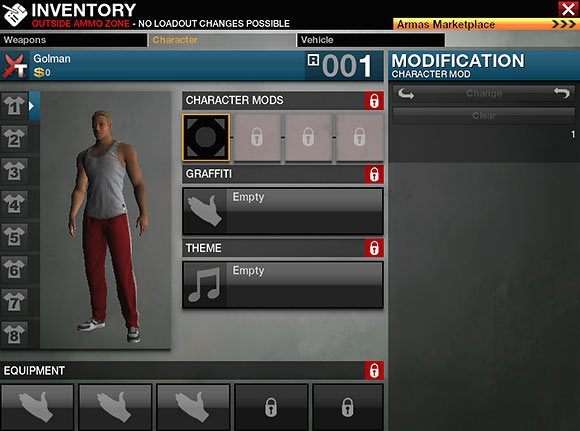 W zakładce Character znajdziesz sloty na modyfikacje postaci, ubrania, ekwipunek i dodatki - graffiti i twój temat muzyczny - Najważniejsze okna interfejsu - Podstawowe informacje - APB: Reloaded - poradnik dla początkujących