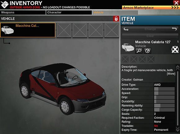 W ostatniej zakładce znajdziesz swój obecnie wybrany samochód, oraz będziesz mógł zmienić go na inny (jeżeli jakieś posiadasz) - Najważniejsze okna interfejsu - Podstawowe informacje - APB: Reloaded - poradnik dla początkujących