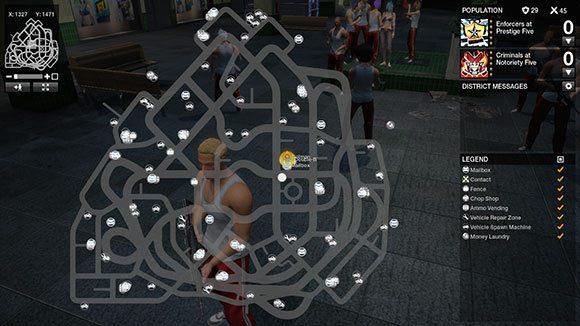 Aby otworzyć okno mapy dzielnicy naciśnij klawisz [M] - Najważniejsze okna interfejsu - Podstawowe informacje - APB: Reloaded - poradnik dla początkujących