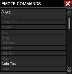 Ostatnie okno komend, wywoływane przyciskiem [F11] oferuje dostęp do różnych animacji postaci, służących za emotki - Najważniejsze okna interfejsu - Podstawowe informacje - APB: Reloaded - poradnik dla początkujących