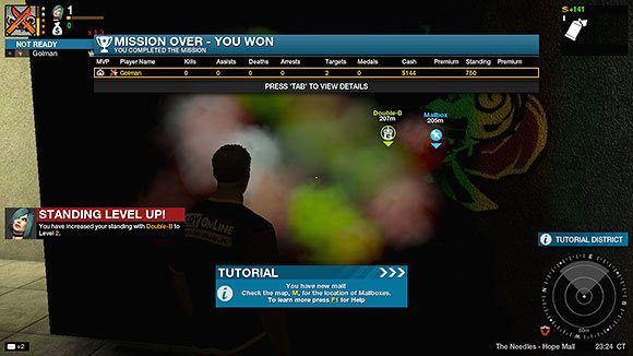 Zgodnie z podpowiedzią treningu, odnajdź najbliższą skrzynkę pocztową i odbierz kilka nowych maili - Misja treningowa - Rozpoczęcie gry - APB: Reloaded - poradnik dla początkujących