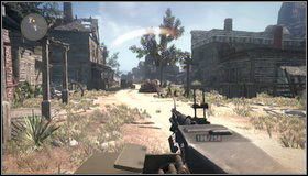 Przechodzimy przez dwa rozwalone budynki [1] i ruszamy przed siebie szeroką i długą drogą, na której pojawią się wrogowie - Polowanie - Rozdział 9 - Call of Juarez: The Cartel - Kimberly Evans - poradnik do gry