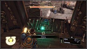 Gdy teren będzie czysty, zbierz amunicję po lewej [1], a następnie użyj zaznaczonego mechanizmu [2] - 5 - Inkwizytor - Opis przejścia - Warhammer 40,000: Space Marine - poradnik do gry
