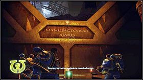 Na przeciwnym końcu potężnego korytarza znajdziesz windę [1] - 6 - Legowisko Olbrzymów - Opis przejścia - Warhammer 40,000: Space Marine - poradnik do gry