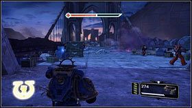 Na początku etapu zejdź na dół po żelaznej kładce i porozmawiaj z jednym z Krwawych Kruków [1] - 16 - Iglica Szaleństwa - Opis przejścia - Warhammer 40,000: Space Marine - poradnik do gry