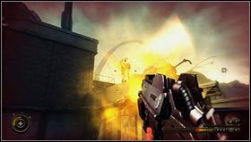 Znajdujemy się w stosunkowo dobrej pozycji strzeleckiej, musimy z niej jak najlepiej skorzystać i wystrzelać przeciwników okupujących sąsiedni budynek [1] - Rozdział 7 | Opis przejścia Resistance 3 - Resistance 3 - poradnik do gry