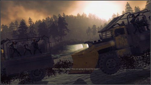 Po rozprawieniu się z kilkoma oddziałami, prawą stronę pociągu zaatakują opancerzone ciężarówki z pługami [1] - Rozdział 13 | Opis przejścia Resistance 3 - Resistance 3 - poradnik do gry