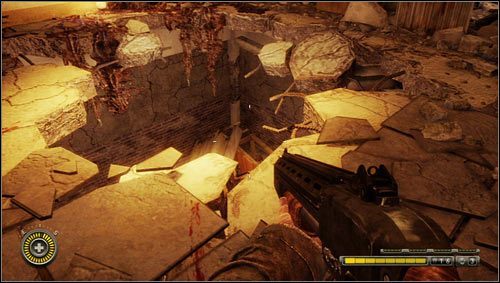 Przechodząc korytarzem trafimy na sporych rozmiarów dziurę w podłodze [1], do której wskakujemy - Rozdział 15 | Opis przejścia Resistance 3 - Resistance 3 - poradnik do gry