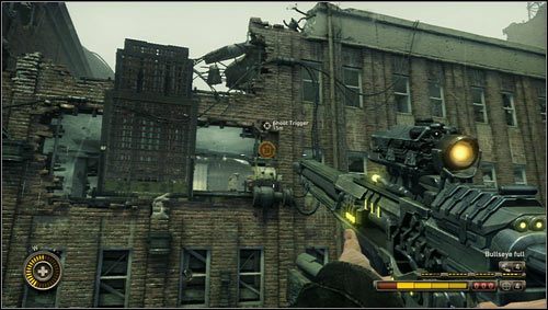 Biegnąc za Charliem niosącym ogniwo energetyczne przejdziemy przez pomost opuszczany przy pomocy tarczy [1] i trafimy do zniszczonego budynku - Dzienniki St. Louis, MO | Dzienniki Resistance 3 - Resistance 3 - poradnik do gry