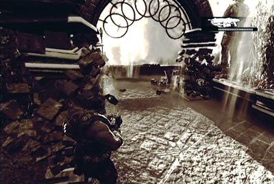 Kiedy znajdziesz się na zewnątrz poczekaj, aż animacja dobiegnie do końca, po czym rusz przed siebie i przejdź przez jedną z bram, która powstanie na twoich oczach - Prolog - Burzliwa przeszłość | Akt 1 w Gears of War 3 - Gears of War 3 - poradnik do gry (opis przejścia, nieśmiertelniki, osiągnięcia)