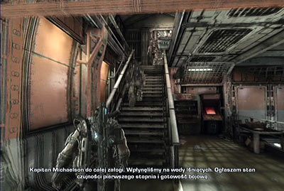 Po animacji wejdź po schodach na końcu korytarza na górę, a potem z mesy wejdź kolejnymi schodami na wyższe piętro - I - Zakotwiczeni | Akt 1 w Gears of War 3 - Gears of War 3 - poradnik do gry (opis przejścia, nieśmiertelniki, osiągnięcia)