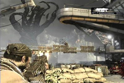 Po animacji z Prescottem zacznij przebijać się przez kolejne fale atakujących cię wrogów - I - Zakotwiczeni | Akt 1 w Gears of War 3 - Gears of War 3 - poradnik do gry (opis przejścia, nieśmiertelniki, osiągnięcia)