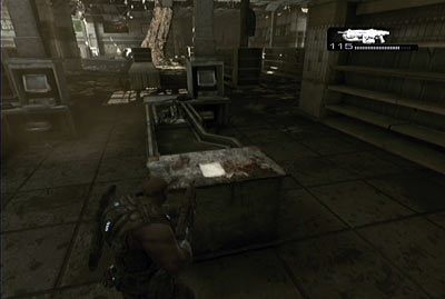 Po ich zniszczeniu dojdź do środkowego pasa sklepu, obejdź szafki i skręć w prawo - III - Powrót do domu | Akt 1 w Gears of War 3 - Gears of War 3 - poradnik do gry (opis przejścia, nieśmiertelniki, osiągnięcia)