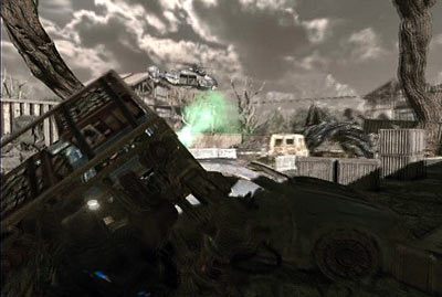 Po uczynieniu tego wróć do robota, wyjdź nim na zewnątrz przez przejście z lewej, przepchnij wrak samochodu (klawisz B) i zacznij kierować się w stronę zielonej flary - III - Powrót do domu | Akt 1 w Gears of War 3 - Gears of War 3 - poradnik do gry (opis przejścia, nieśmiertelniki, osiągnięcia)