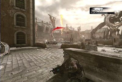 Rusz przed siebie, przejdź przez zniszczony fragment ulicy i kontynuuj aż do placu, na którym bronią się sojusznicy - IV - Pomocna dłoń | Akt 1 w Gears of War 3 - Gears of War 3 - poradnik do gry (opis przejścia, nieśmiertelniki, osiągnięcia)