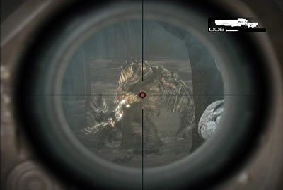 Wejdź teraz na pomost, gdzie zabiłeś niedawno wrogów, ustaw się przy schodach z lewej i zacznij ostrzeliwać wrogów na dole - V - MVP | Akt 1 w Gears of War 3 - Gears of War 3 - poradnik do gry (opis przejścia, nieśmiertelniki, osiągnięcia)