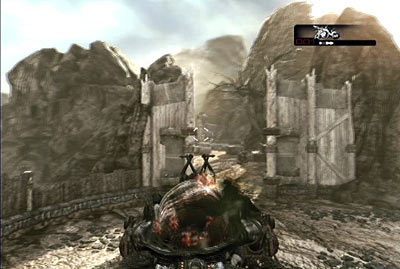 Zasiądź za sterami bestii oblężniczej i przy jej pomocy przetrzeb nieco szeregi przeciwników atakujących się zza drewnianej bramy przed tobą - II - Dom z piasku | Akt 2 w Gears of War 3 - Gears of War 3 - poradnik do gry (opis przejścia, nieśmiertelniki, osiągnięcia)