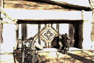 Po rozprawieniu się z żołnierzem obsługującym karabin załatw pozostałych wrogów i przejdź przez kamienne wrota - V - Porwanie | Akt 2 w Gears of War 3 - Gears of War 3 - poradnik do gry (opis przejścia, nieśmiertelniki, osiągnięcia)