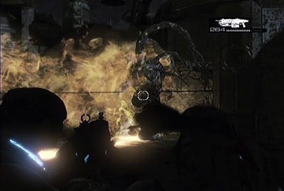 Po zabraniu berserkerowi odpowiedniej ilości życia ten zwiększy częstotliwość swoich ataków, a dodatkowo będzie ciągnął za sobą smugę ognia - II - Ratunek | Akt 3 w Gears of War 3 - Gears of War 3 - poradnik do gry (opis przejścia, nieśmiertelniki, osiągnięcia)