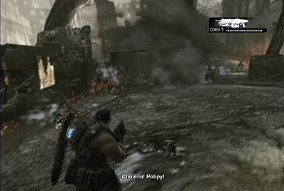 Idąc dalej natkniesz się na butlę z gazem (nie zbliżaj się do niej), a chwilę potem tajemnicza postać przewróci pojemnik z polipami - I - Z prochu powstałeś | Akt 4 w Gears of War 3 - Gears of War 3 - poradnik do gry (opis przejścia, nieśmiertelniki, osiągnięcia)