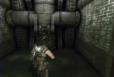 Po zakończeniu bitwy skieruj się do małego pomieszczenia z prawej i przekręć duży zawór, dzięki czemu będziesz mógł rozpocząć podwodną podróż - V - Bon Voyage | Akt 4 w Gears of War 3 - Gears of War 3 - poradnik do gry (opis przejścia, nieśmiertelniki, osiągnięcia)