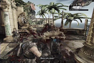 W początkowym fragmencie misji po prostu przyj przed siebie i ze wsparciem, jakie zapewnia ci śmigłowiec oraz kompanii, po prostu eliminuj wszystkich wrogów, którzy staną ci na drodze - III - Zniszczony raj | Akt 5 w Gears of War 3 - Gears of War 3 - poradnik do gry (opis przejścia, nieśmiertelniki, osiągnięcia)