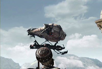 Po zabiciu wszystkich w ogrodzie skorzystaj z bestii oblężniczej stojącej na okrągłym podeście za ogrodem i przy jej pomocy strąć barkę gazową - III - Zniszczony raj | Akt 5 w Gears of War 3 - Gears of War 3 - poradnik do gry (opis przejścia, nieśmiertelniki, osiągnięcia)